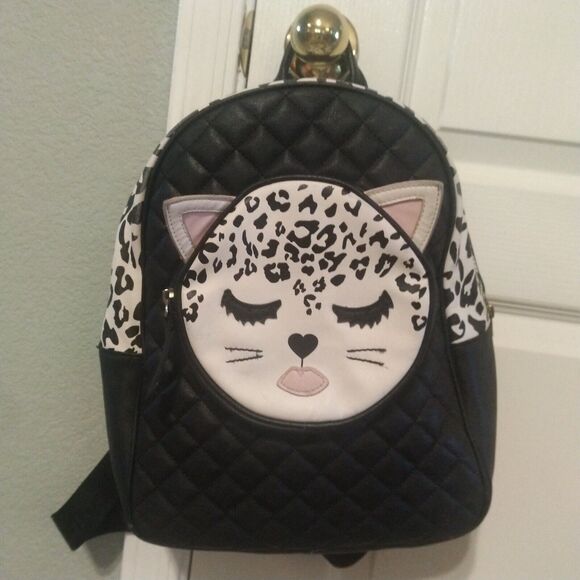Luv Betsey Johnson Kitsch Backpack Leopard Cat Medium Bag Purse Black White - Picture 1 of 14